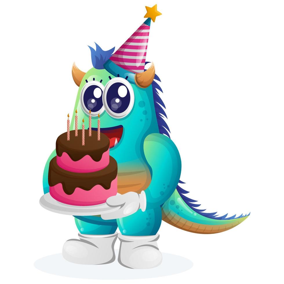 söt blå monster bär en födelsedag hatt, innehav födelsedag kaka vektor