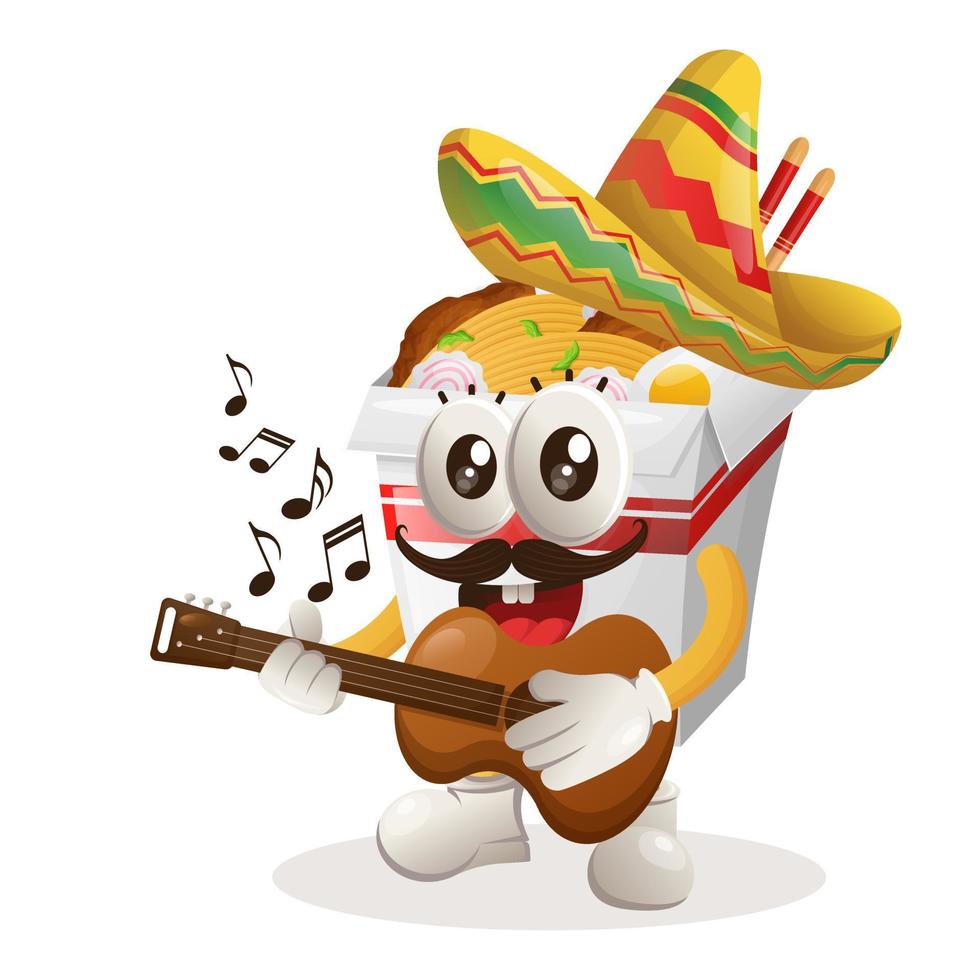 süßes Ramen-Maskottchen mit mexikanischem Hut und Gitarre spielen vektor