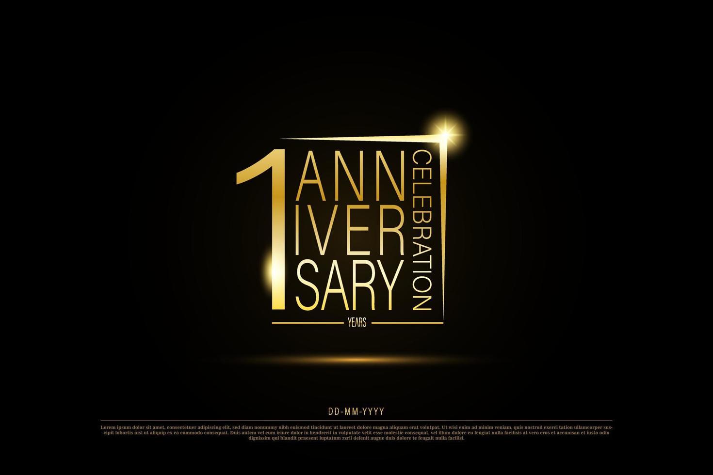 1 år årsdag gyllene guld logotyp på svart bakgrund, vektor design för firande.