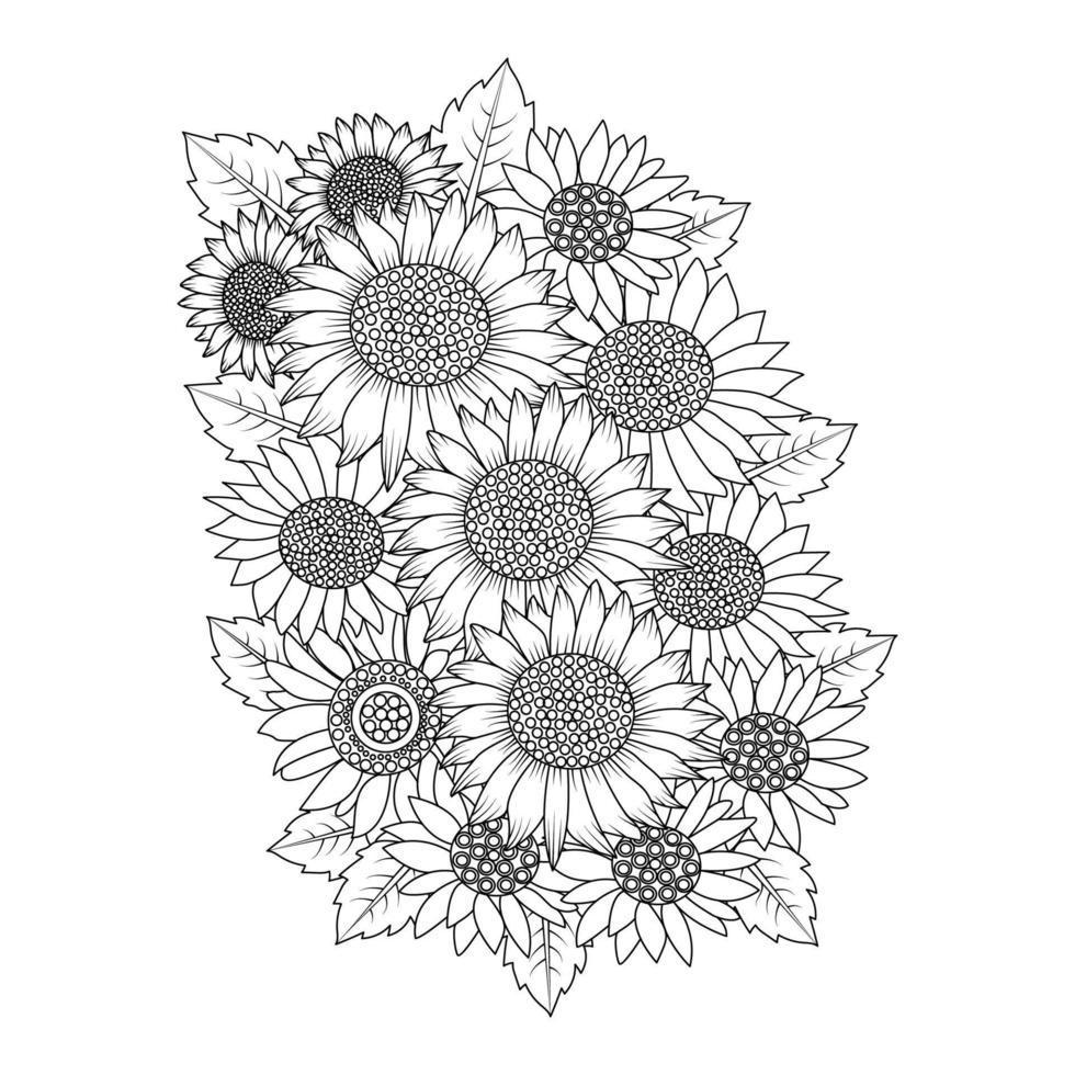 Sonnenblumen-Vektordesign mit blühenden Blütenblättern für erwachsene Malbuchseitenblumen vektor