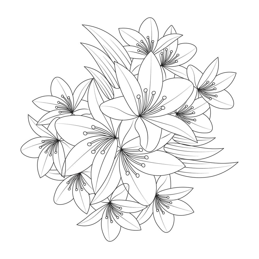 Lily Flower Coloring Page Buchillustration mit dekorativem Strichzeichnungsvektor und Lilium-Zeichnungsblume vektor