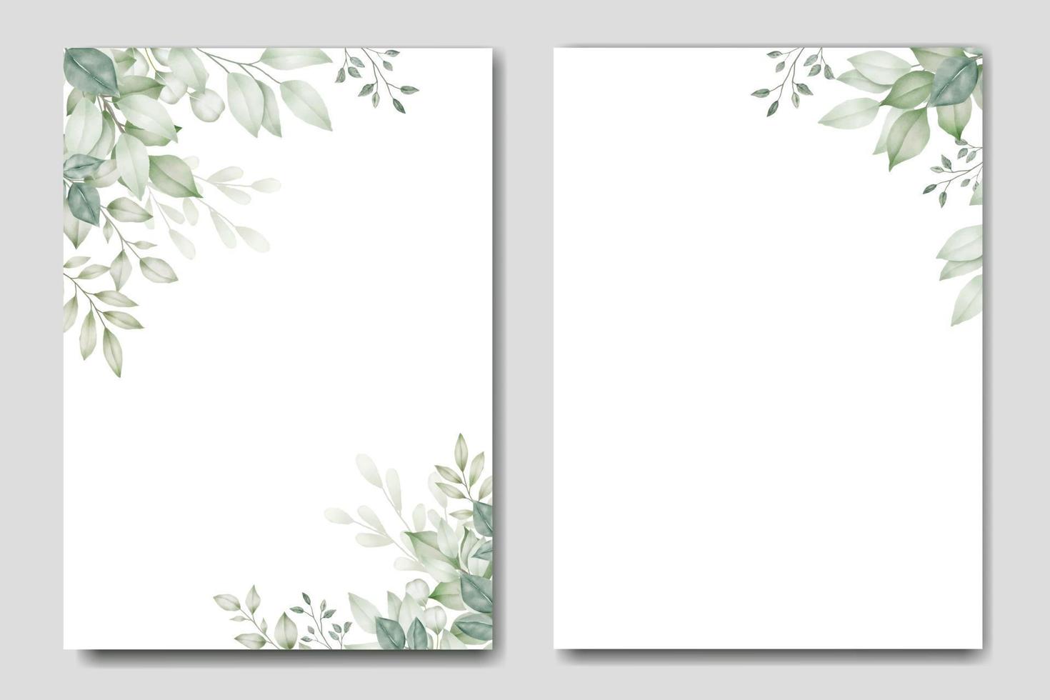 bröllop inbjudan kort mall med grön löv vattenfärg vektor
