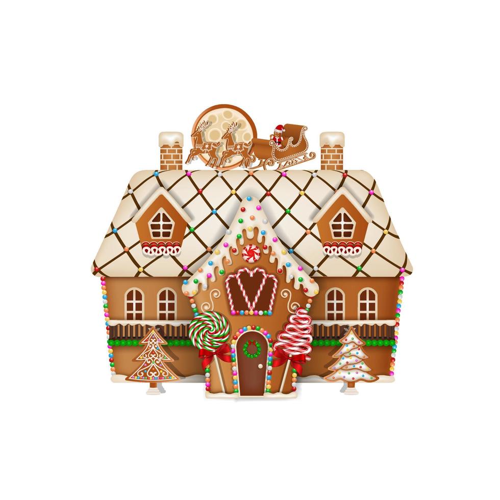 weihnachtslebkuchenhaus mit süßigkeiten und lutschern vektor