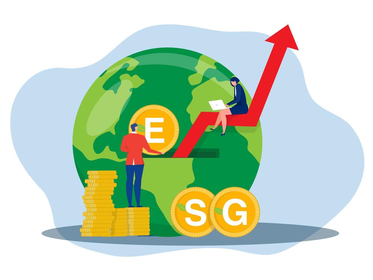 ESG-Konzept Umwelt-, Sozial- und Governance-Konzept Geschäftsmann lässt Münze fallen, um Energiequellen zu investieren. ressourcenschonung von planet.flache vektorillustration vektor