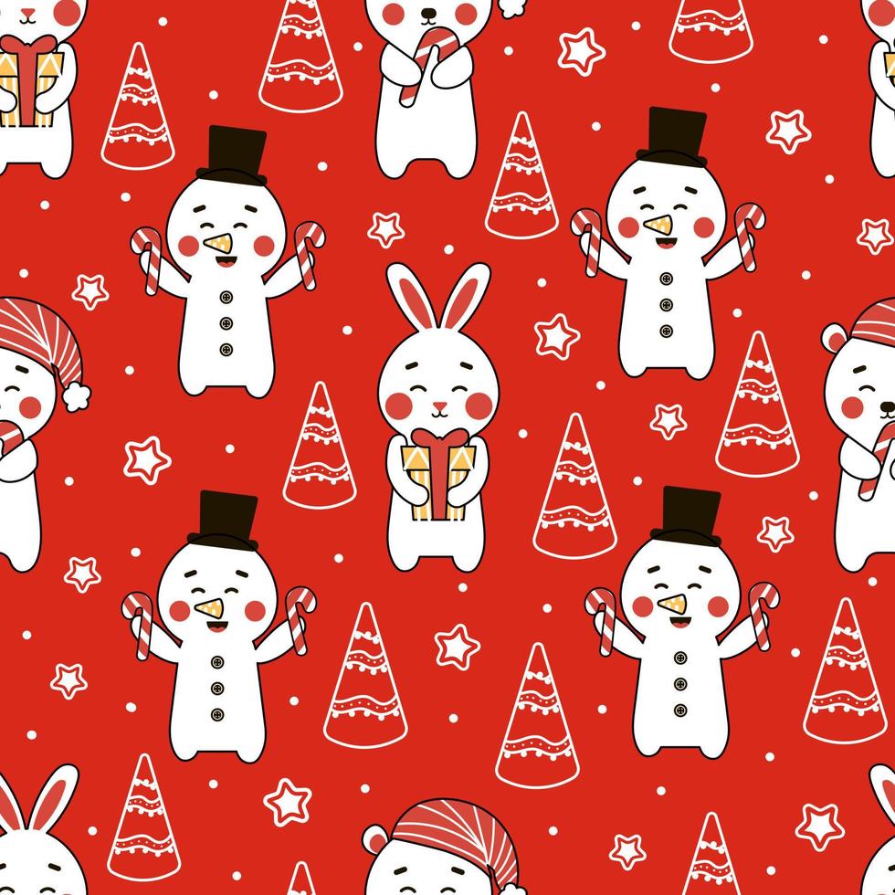 jul sömlös mönster med söt tecken snögubbe, Björn och kanin på röd bakgrund vektor