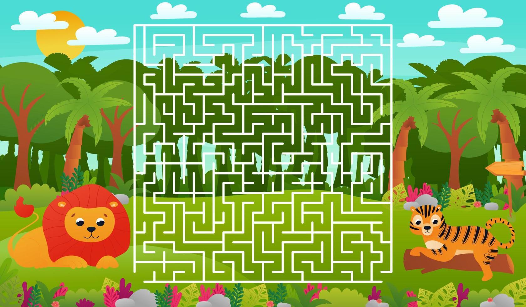 druckbares pädagogisches arbeitsblatt für kinder mit labyrinthpuzzle, tropische dschungeltiere wild lebende tiere mit süßem löwen vektor