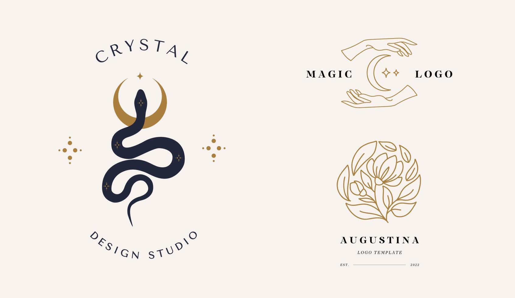 en uppsättning logotyper i linjär stil. magisk orm med måne, stjärna, händer och halvmånar. mystiska symboler i en trendig minimalistisk stil. vektor