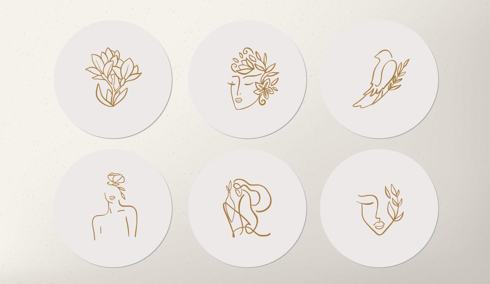 uppsättning av ikoner och emblem för social media Nyheter omslag med guld fjärilar och kvinna blomma på en vit bakgrund. design mallar för yoga studio astrolog, turism, skönhet salonger vektor