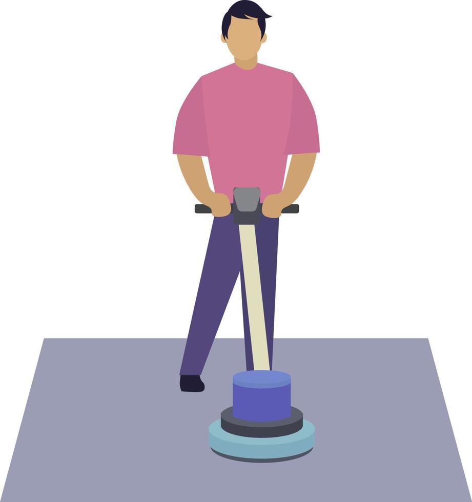 rengöring en matta service vektor illustration begrepp, rengöring service arbetstagare för Hem och offentlig, man tryckande matta skrubbning maskin, platt ikon för produkt försäljning