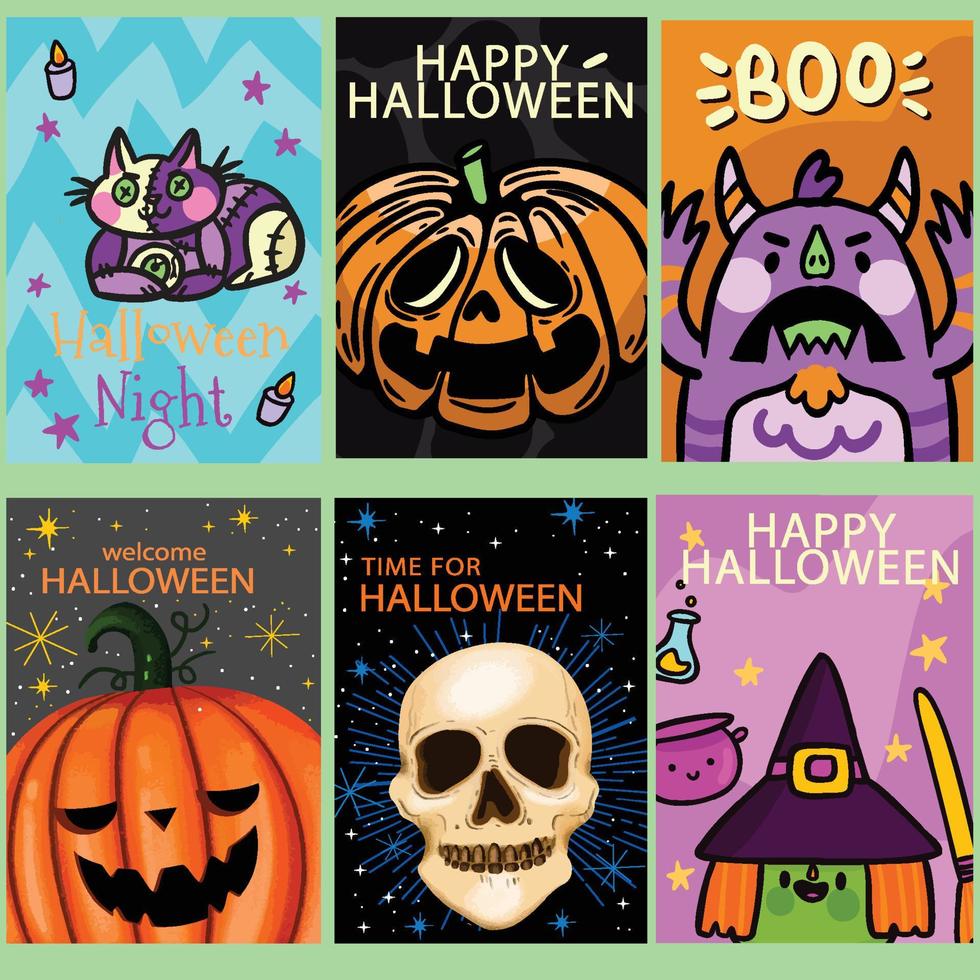 uppsättning av sex halloween posters eller hälsning kort med söt Semester simbols vektor