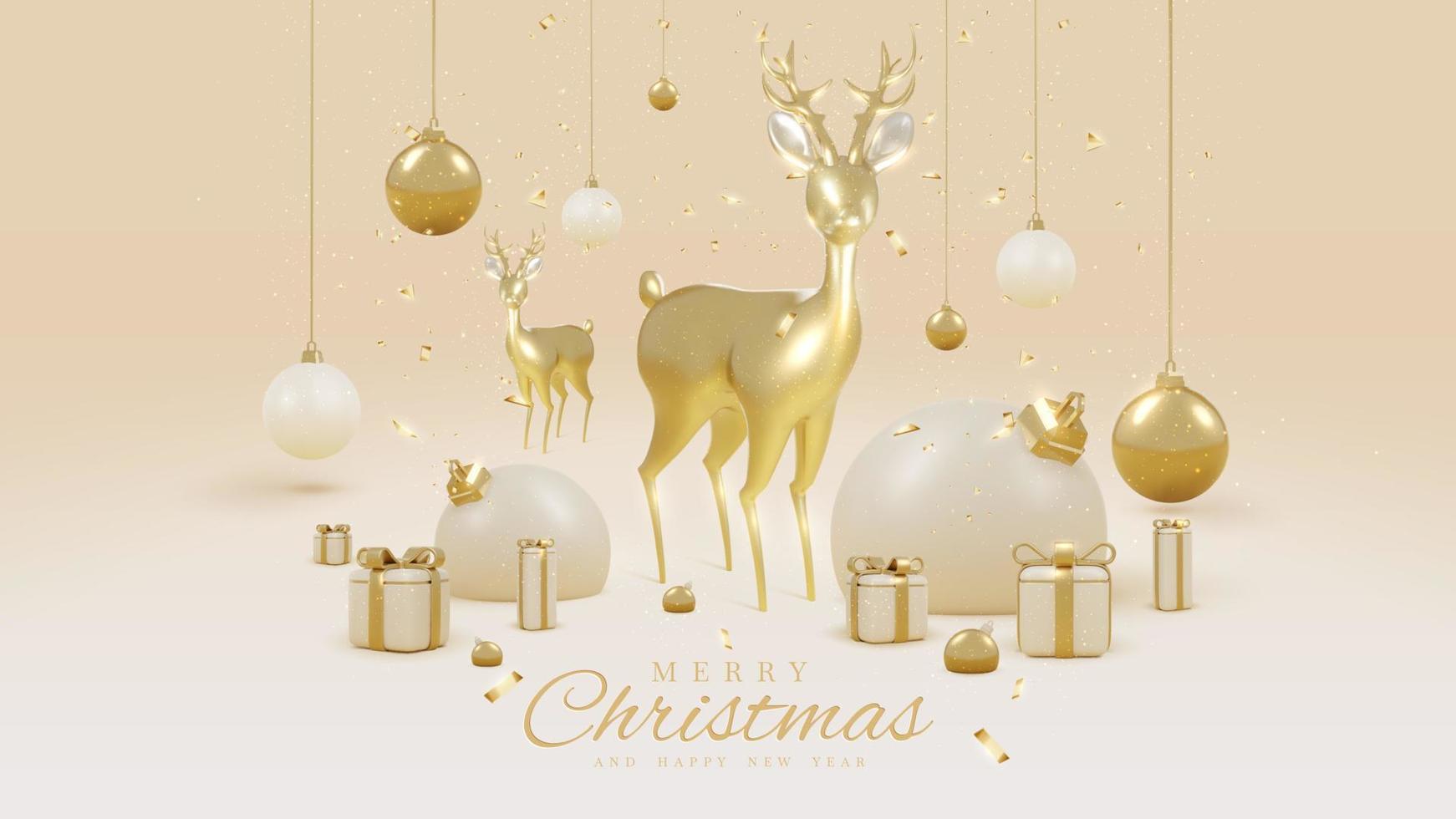 lyx glad jul bakgrund med realistisk 3d guld rådjur med gåva låda element och boll dekoration och band. vektor illustration.