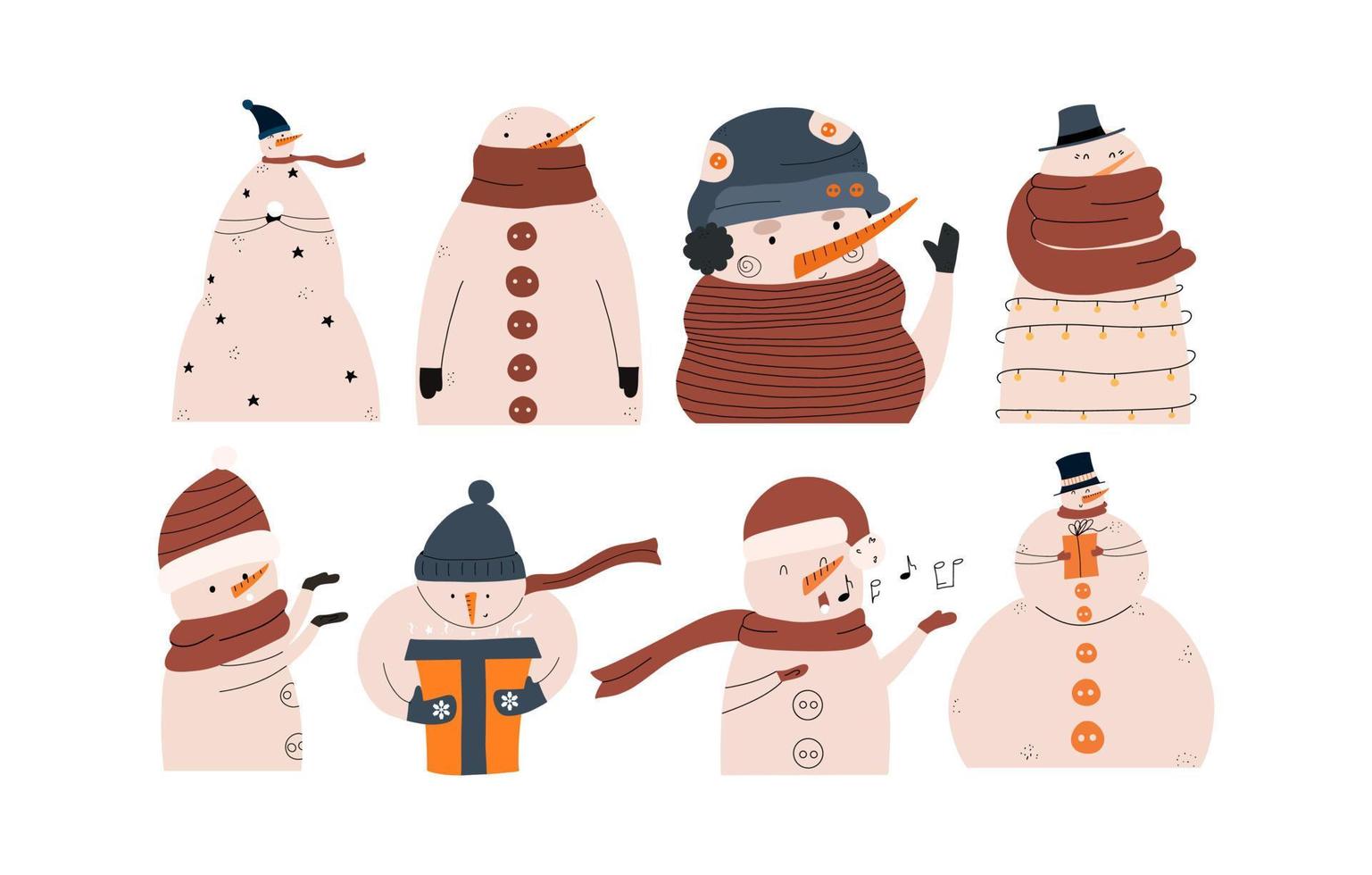 Reihe von lustigen verschiedenen Winterurlaub-Schneemännern. Weihnachtsfiguren. vektorillustration im handgezeichneten stil. vektor