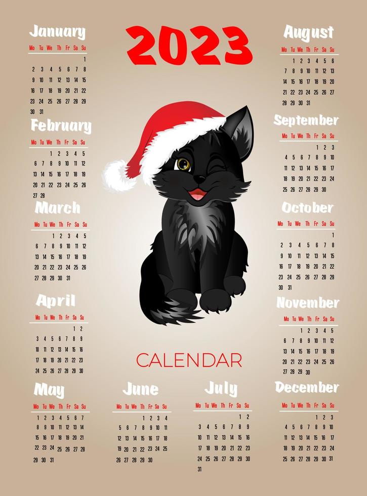 kalender 2023 med svart katt. söt liten katt i jul hatt. vecka börjar på måndag. vektor