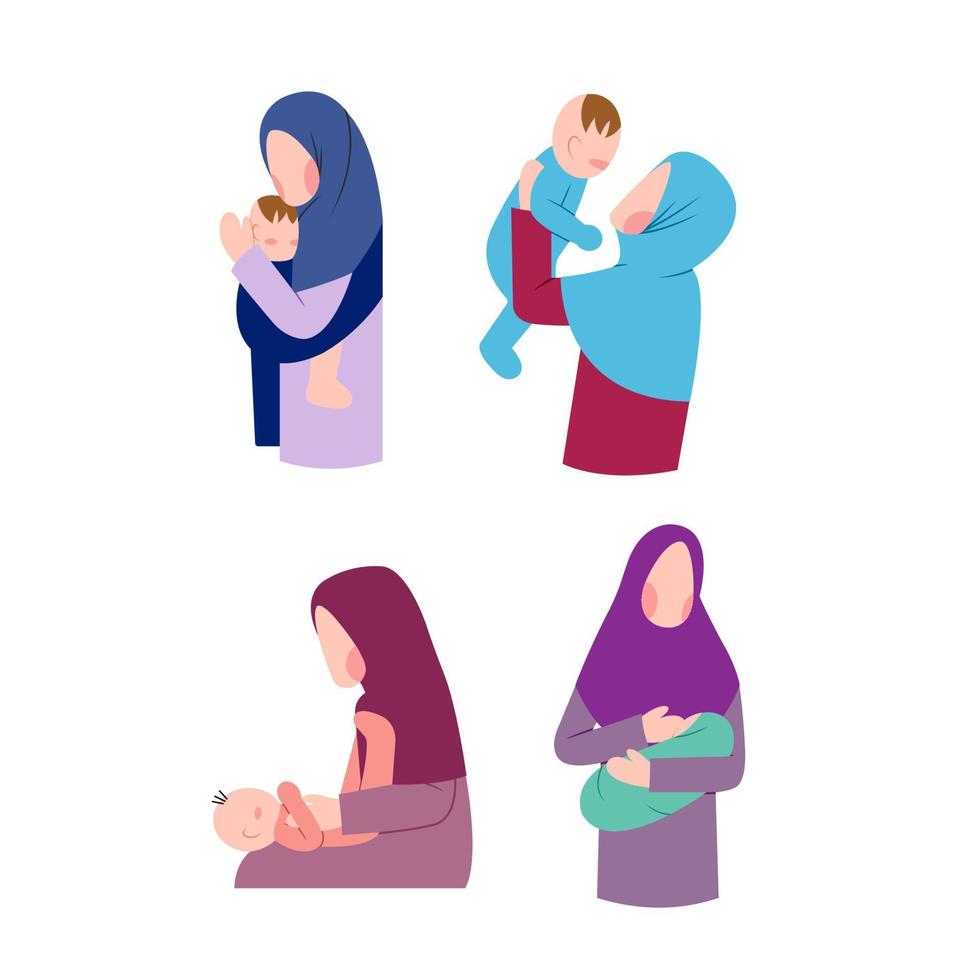 uppsättning av hijab mor och bebis karaktär vektor