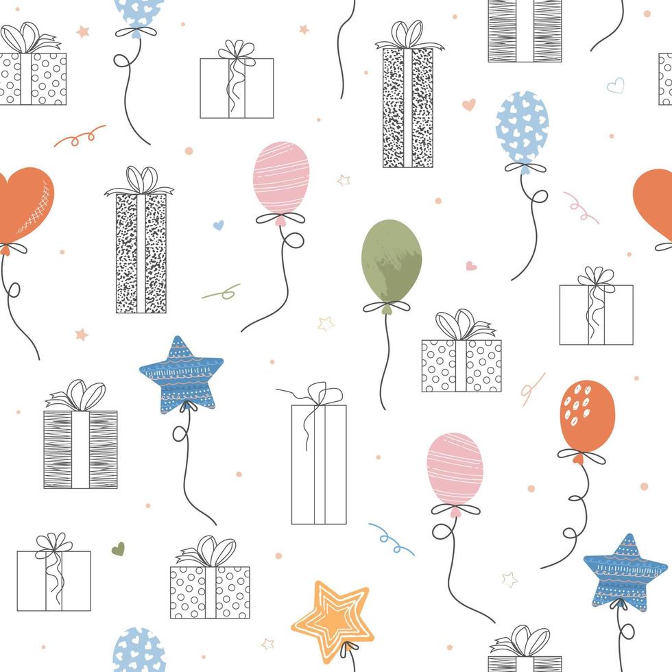 sömlös mönster med festlig flerfärgad ballonger och gåvor. illustration för utskrift, omslag papper, kort. vektor