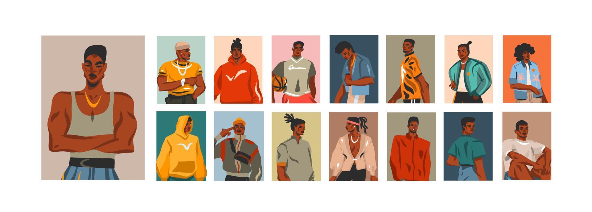 hand dragen vektor abstrakt grafisk illustrationer samling uppsättning med ung Lycklig svart afro amerikan skönhet män grupp livsstil avatar porträtt ,sommar boho style.people ansikte avatar begrepp design.