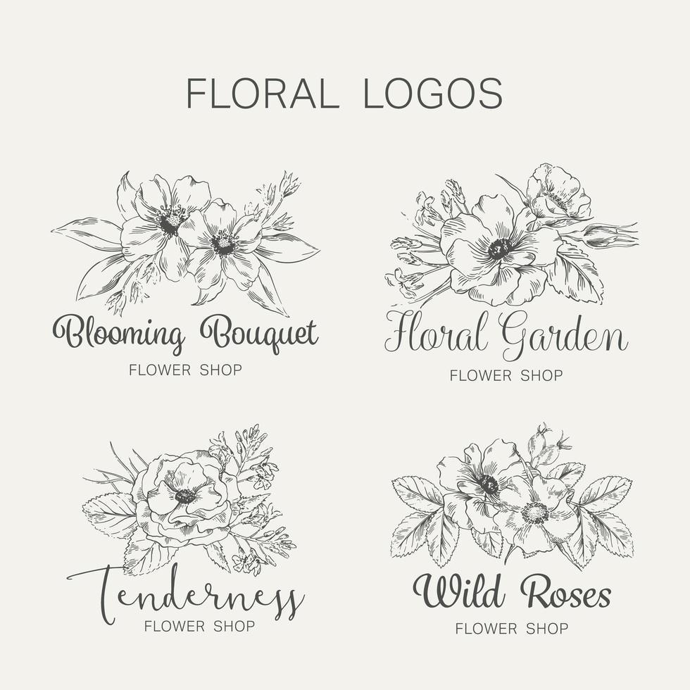 handritad blomsterbutik logotyp set vektor