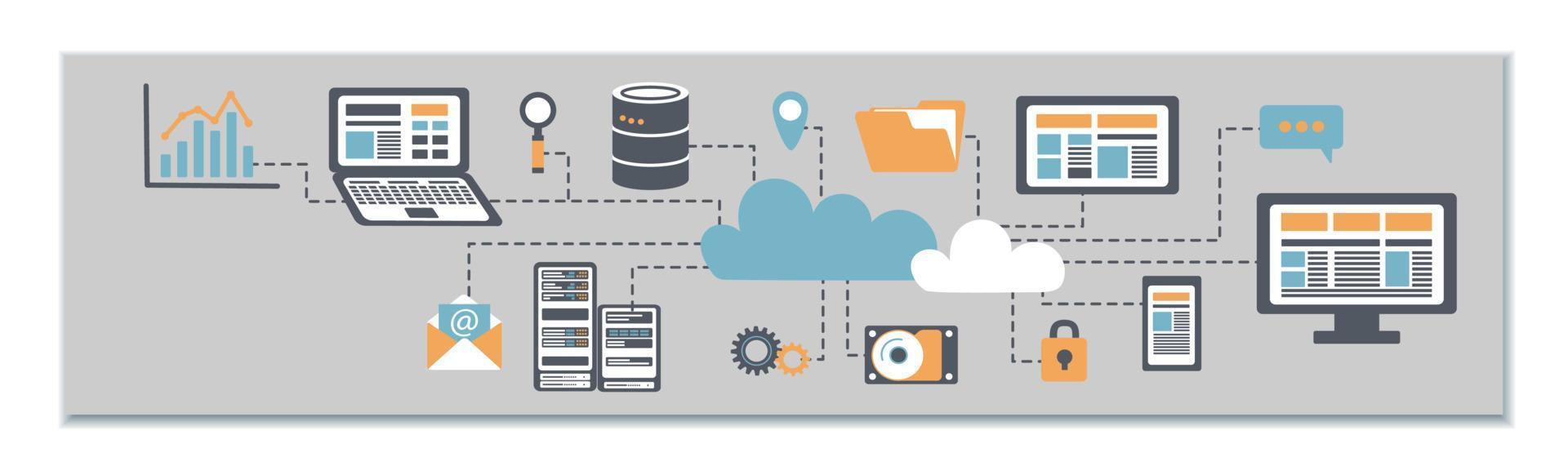 moln datoranvändning social media baner. hi-tech moln förbindelse teknologi edin omslag, internet företag teknologi rubrik. global data information utbyta bakgrund vektor illustration