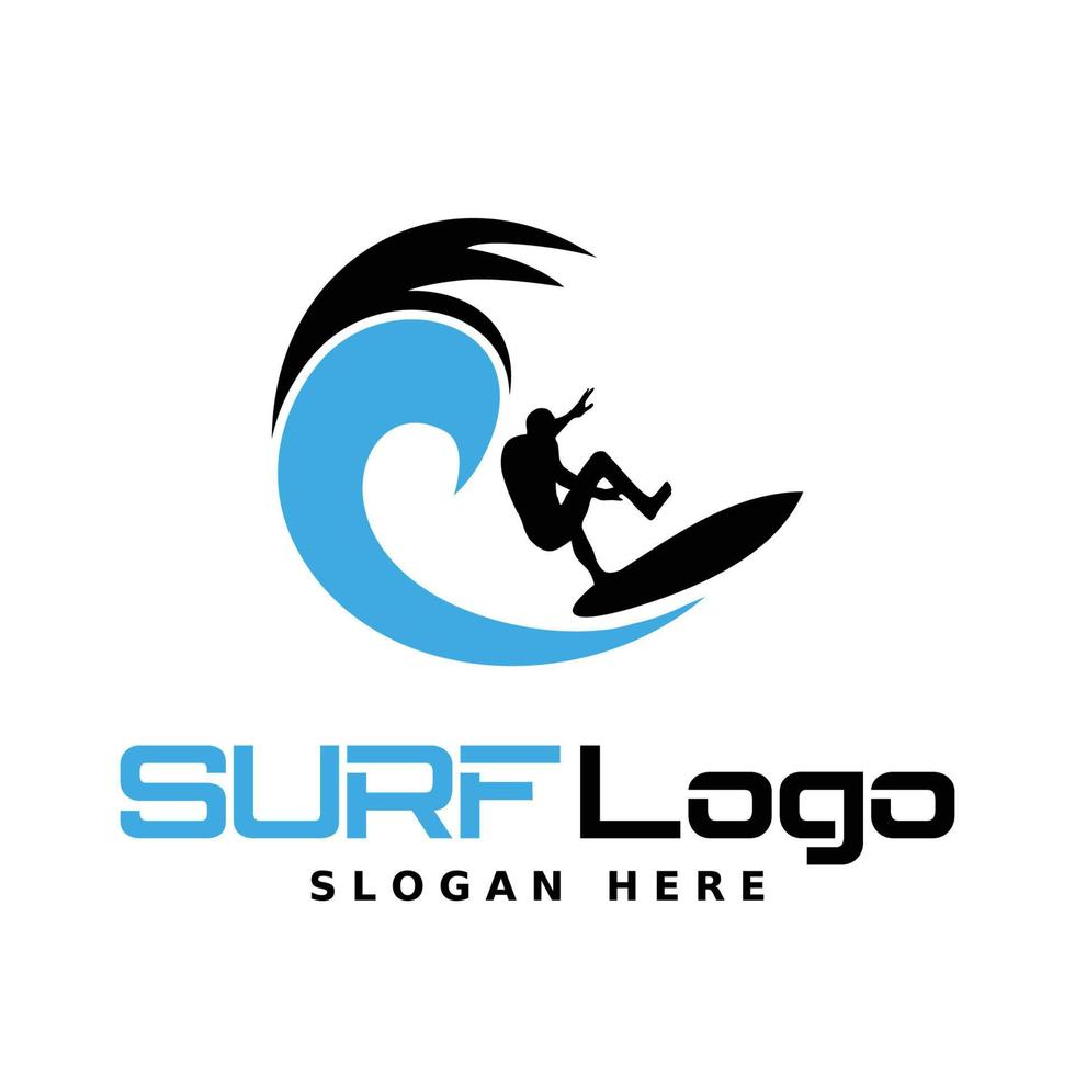 surfa logotyp med man silhuett, styrelse och hav vågor vatten i en runda form. vektor
