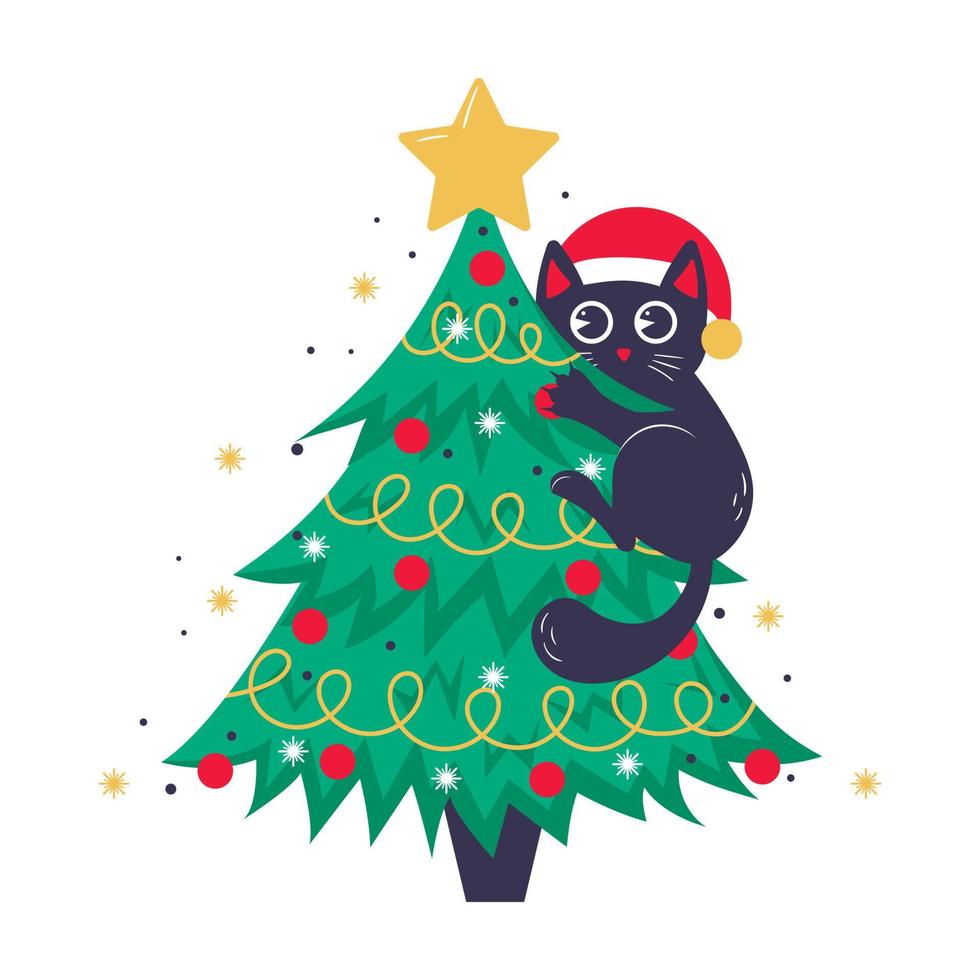 weihnachtskarte, banner oder postervorlage mit weihnachtsbaum und süßer schwarzer katze, die darauf klettert vektor
