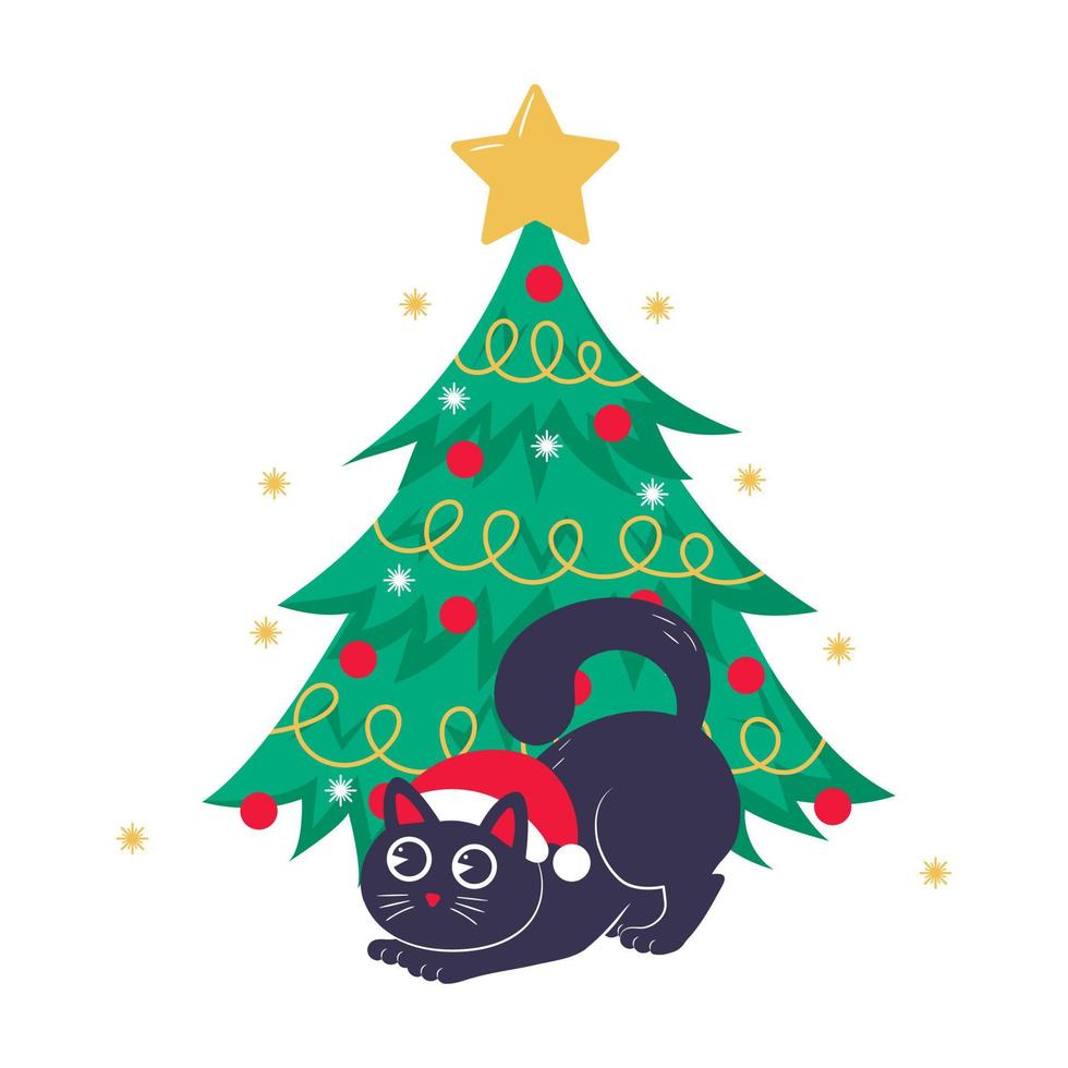 jul kort, baner eller affisch mall med en jul träd och en söt svart katt spelar under den vektor