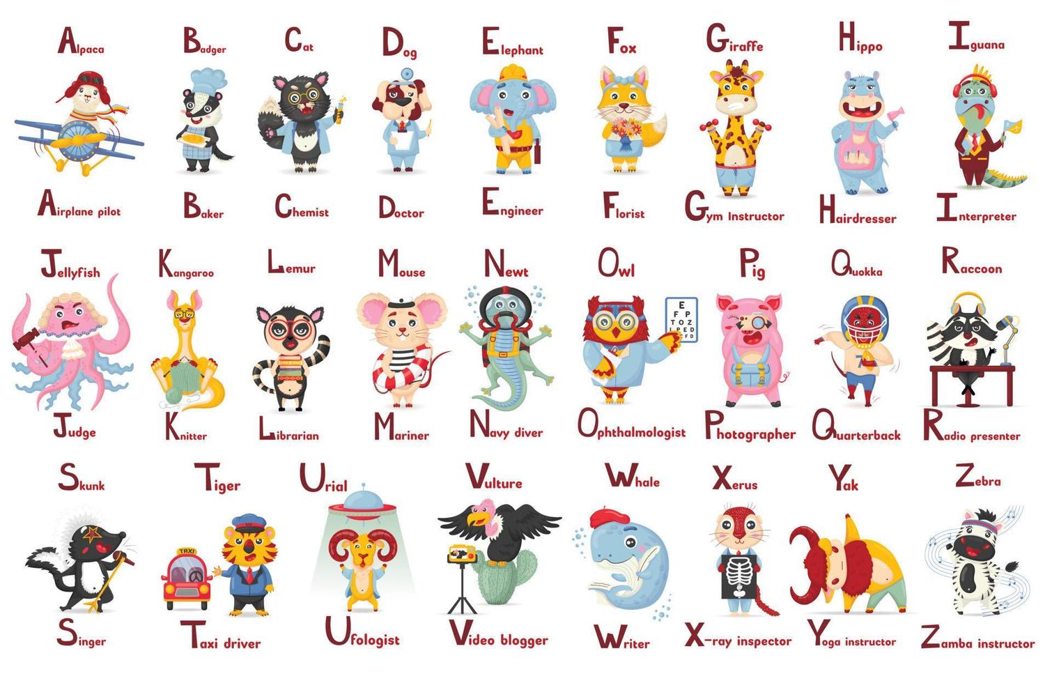 ABC latin alfabet söt djur- yrken brev az i platt tecknad serie stil vektor