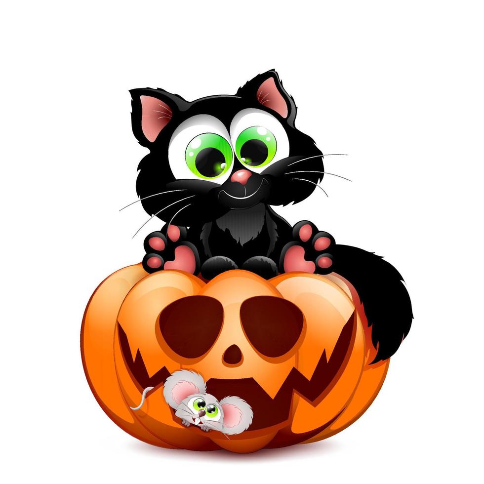 Süße schwarze Cartoon-Katze, die auf dem Halloween-Kürbis sitzt, mit gruseligem Gesicht und kleiner Maus, die sich im Kürbislächeln versteckt vektor