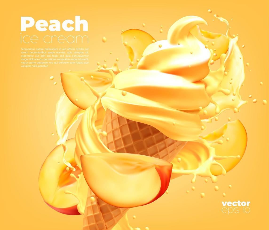 Pfirsich-Softeistüte mit Splash-Hintergrund vektor