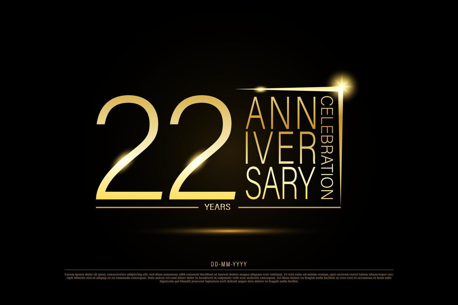 Goldenes Goldlogo zum 22-jährigen Jubiläum auf schwarzem Hintergrund, Vektordesign zum Feiern. vektor