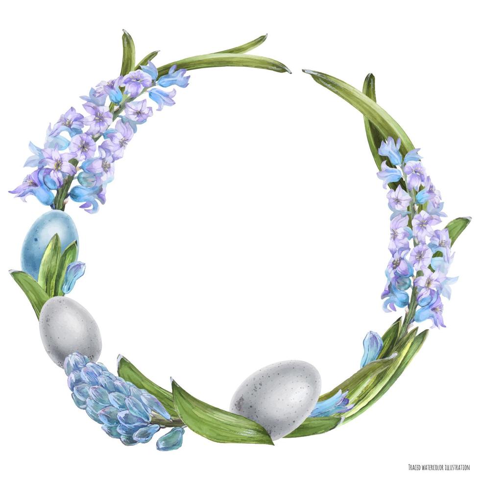 dekorativer aquarellkranz mit hiacynthenblumen und eiern vektor