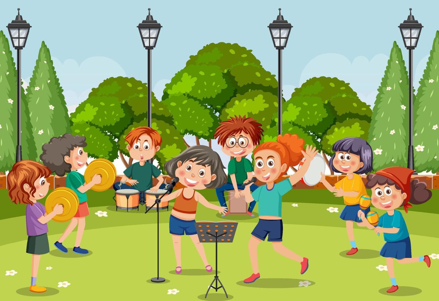 Kinder, die Musik im Park spielen vektor