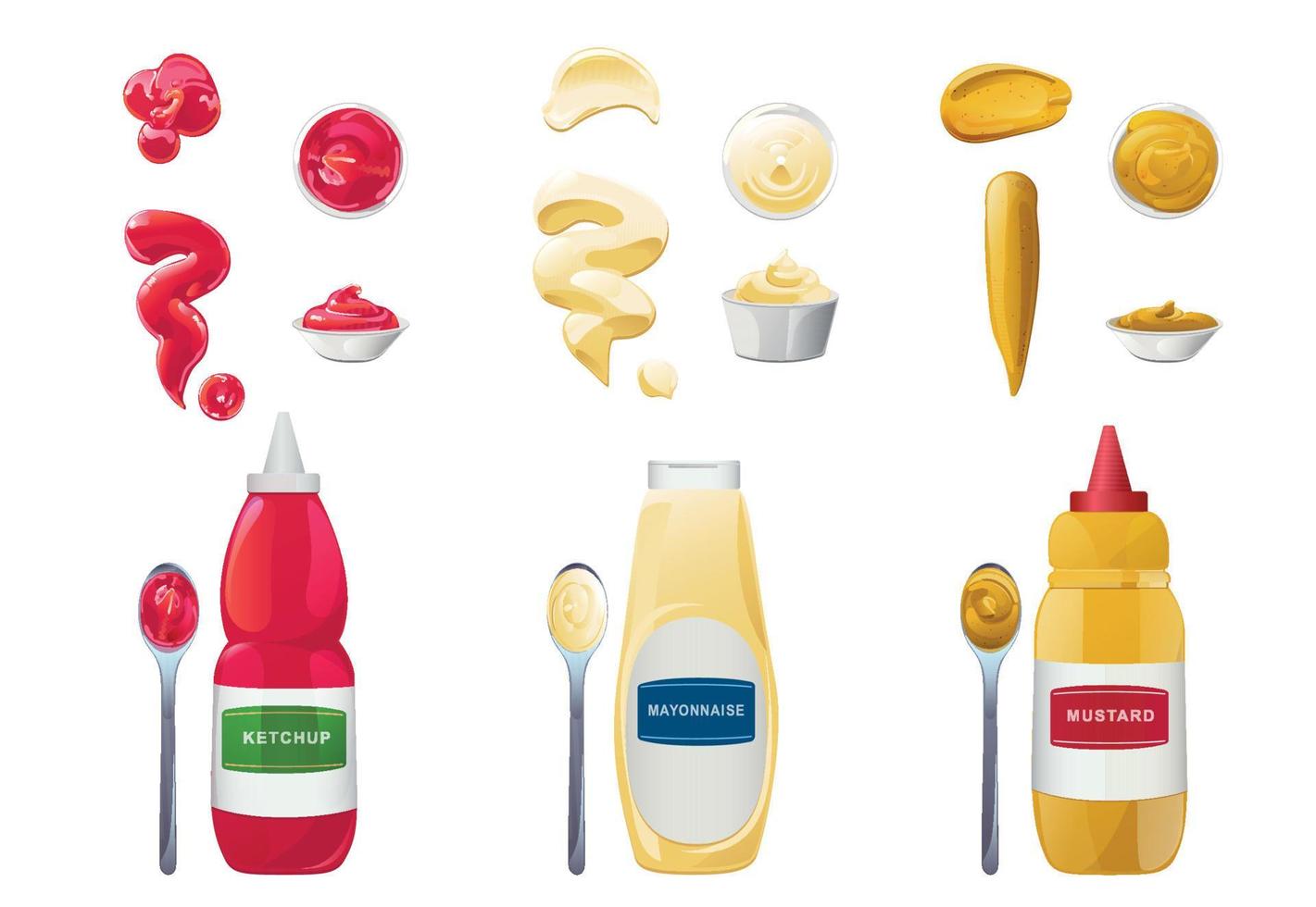 ketchup, mayonnaise, senfsaucen set. realistische vektorillustration lokalisiert auf weißem hintergrund. vektor