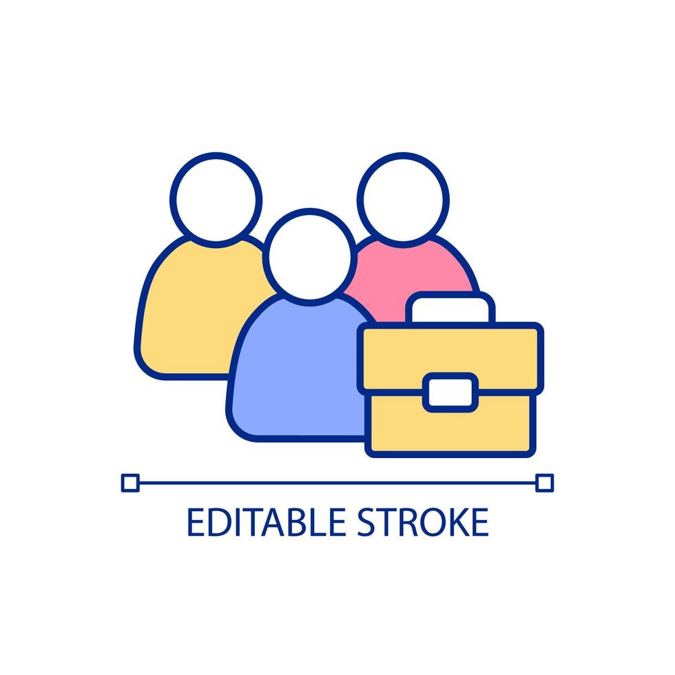 jobb sökande rgb Färg ikon. kontor anställda. arbetskraft förvaltning. erhållande sysselsättning. arbete placering. isolerat vektor illustration. enkel fylld linje teckning. redigerbar stroke.