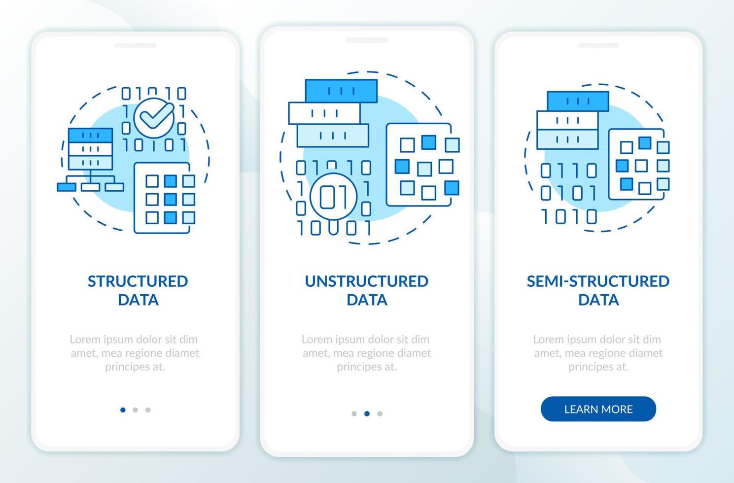 Arten von Big Data Blue Onboarding Mobile App Screen. Datenbankstruktur Komplettlösung 3 Schritte Grafische Anleitungsseiten mit linearen Konzepten. ui, ux, gui-Vorlage. vektor