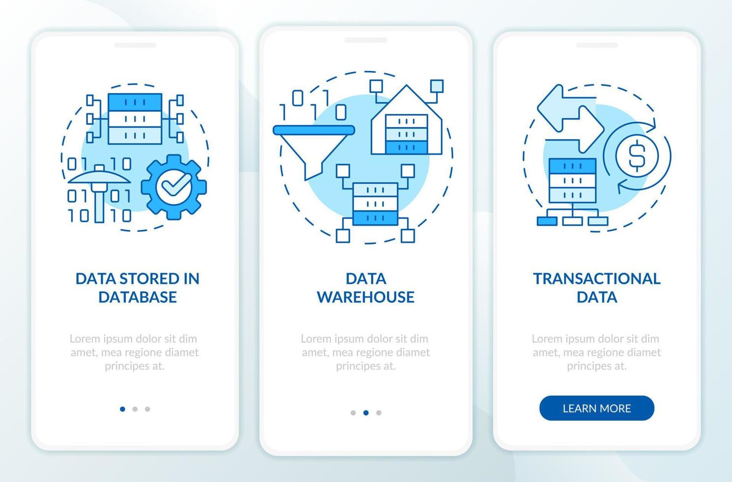 Arten von Daten, die abgebaut werden können, blauer Onboarding-Bildschirm der mobilen App. iot Walkthrough 3 Schritte grafische Anleitungsseiten mit linearen Konzepten. ui, ux, gui-Vorlage. vektor