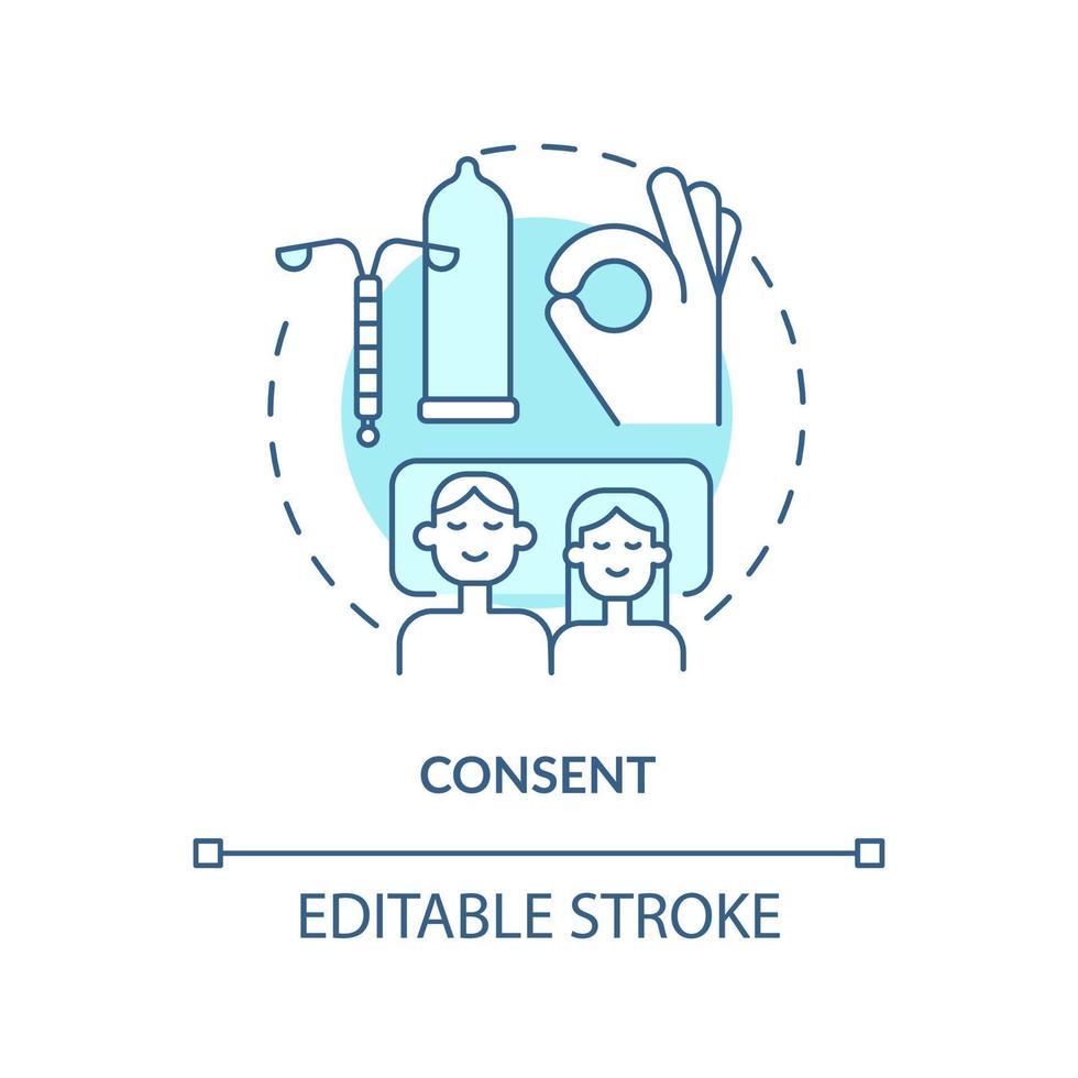 samtycke turkos begrepp ikon. fundament av friska relationer abstrakt aning tunn linje illustration. sexuell aktivitet. isolerat översikt teckning. redigerbar stroke vektor
