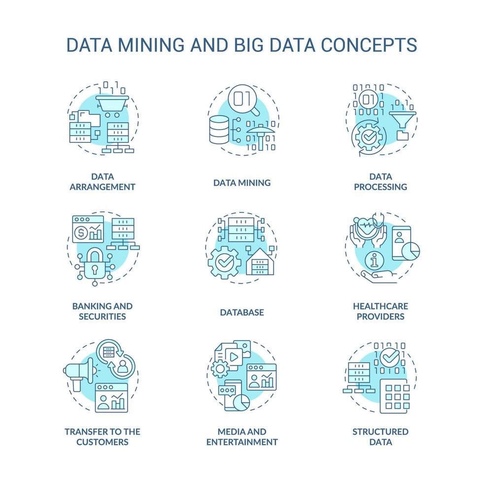 Data Mining und Big Data türkisfarbene Konzeptsymbole gesetzt. datenbankanalyseidee dünne linienfarbillustrationen. Datenbank. isolierte Symbole. editierbarer Strich. vektor