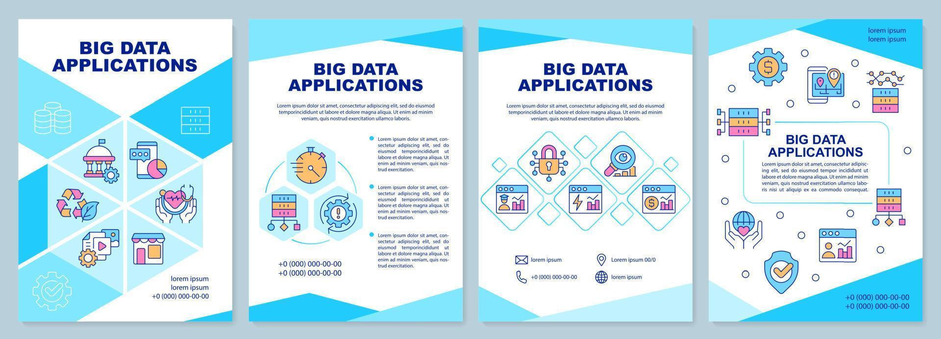 blaue broschürenvorlage für große datenanwendungen. Benutzer digitaler Dienst. Broschürendesign mit linearen Symbolen. 4 Vektorlayouts für Präsentationen, Jahresberichte. vektor