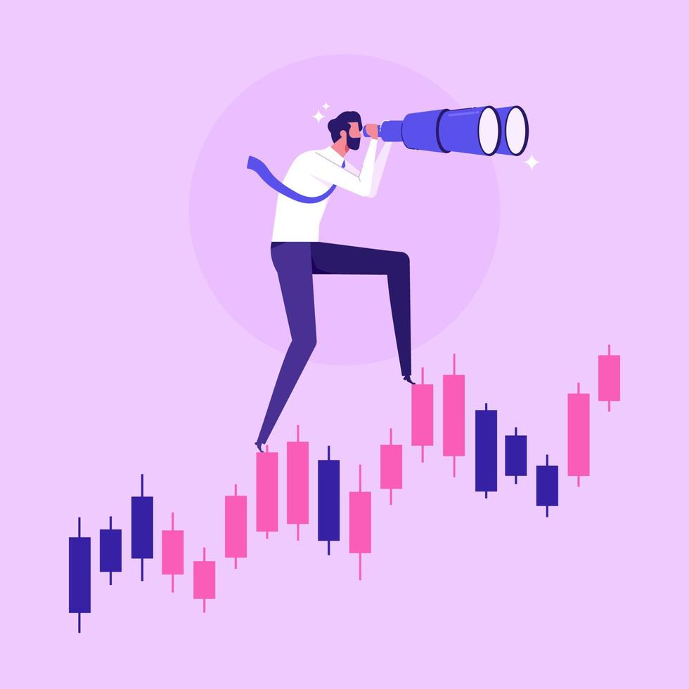 Geschäftsmann steht auf Forex-Chart und sieht aus dem Fernglas. konzeptionell zum Thema strategische Planung im Börsenhandel vektor