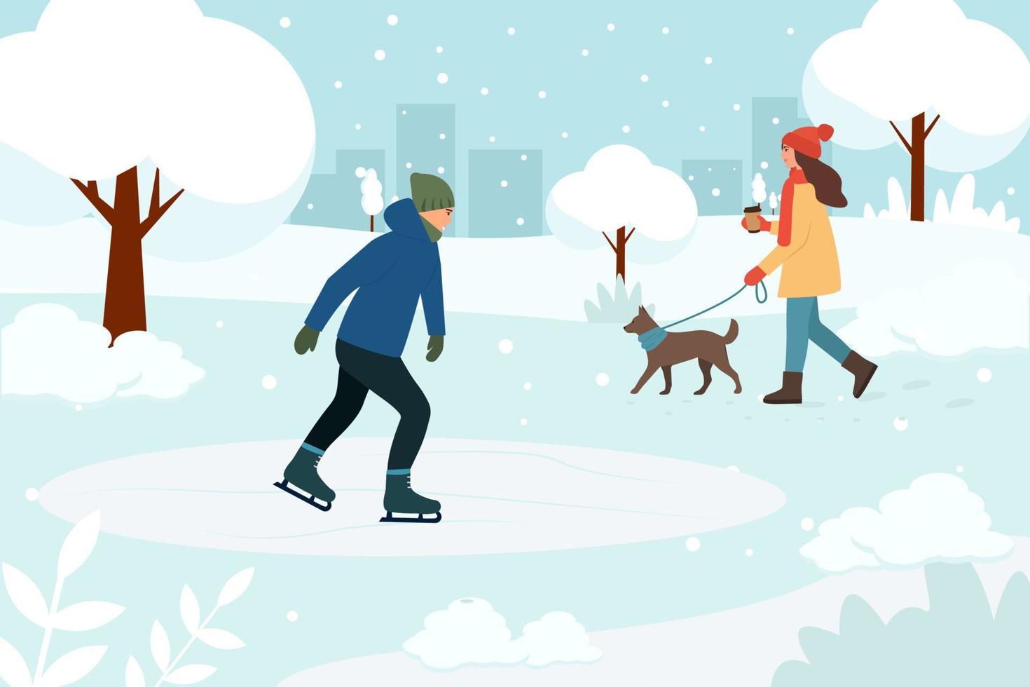Glückliche Menschen genießen Open-Air-Aktivitäten im Park. Mädchen, das mit dem Hund spazieren geht, Mann, der auf der Eisbahn Schlittschuh läuft. Winterlandschaft. Vektor-Illustration vektor