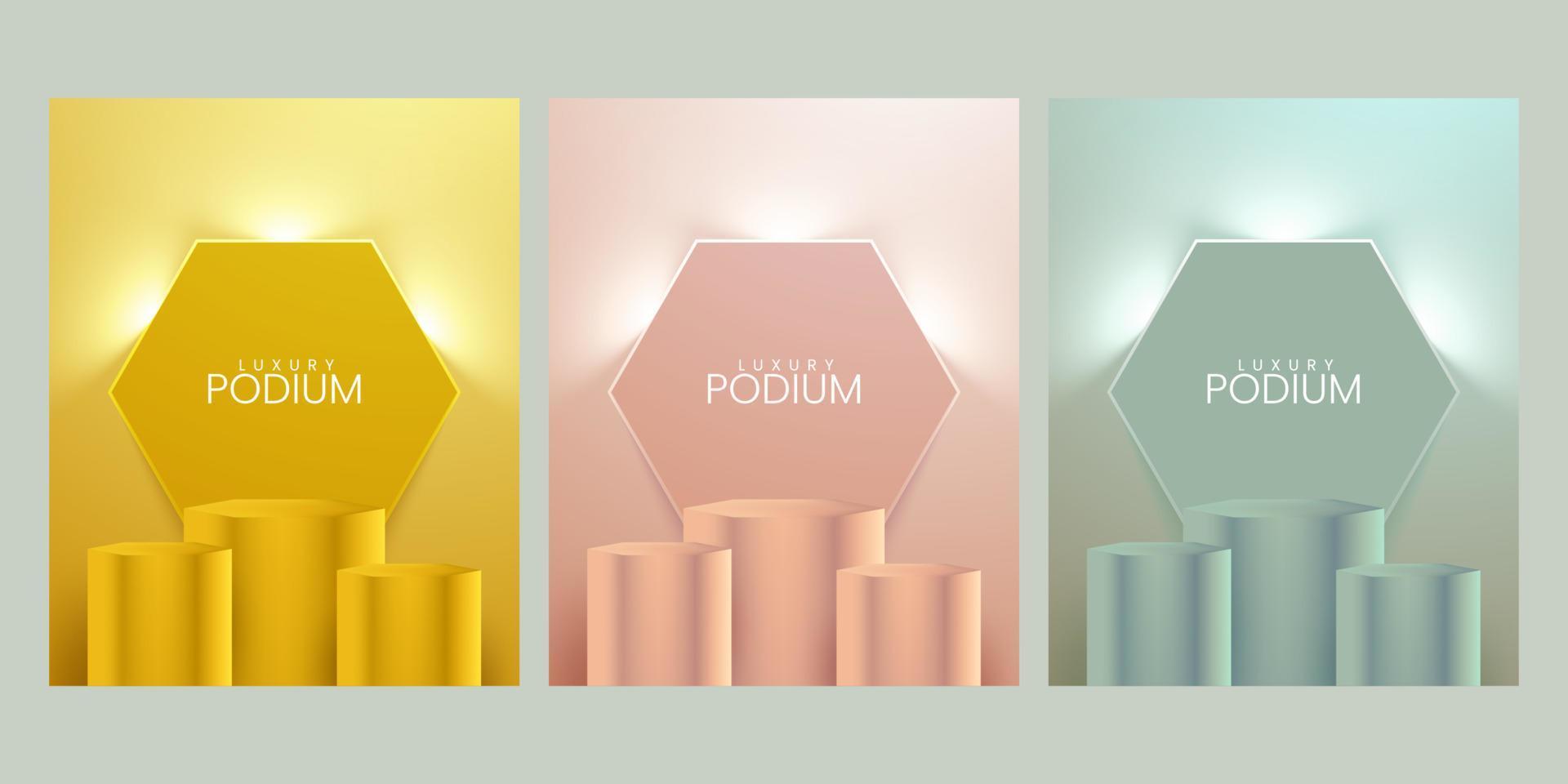 Reihe von realistischen abstrakten 3D-Räumen mit Stufen Sechseck-Ständer in gelb, blau, rosa Pastellfarbe vektor