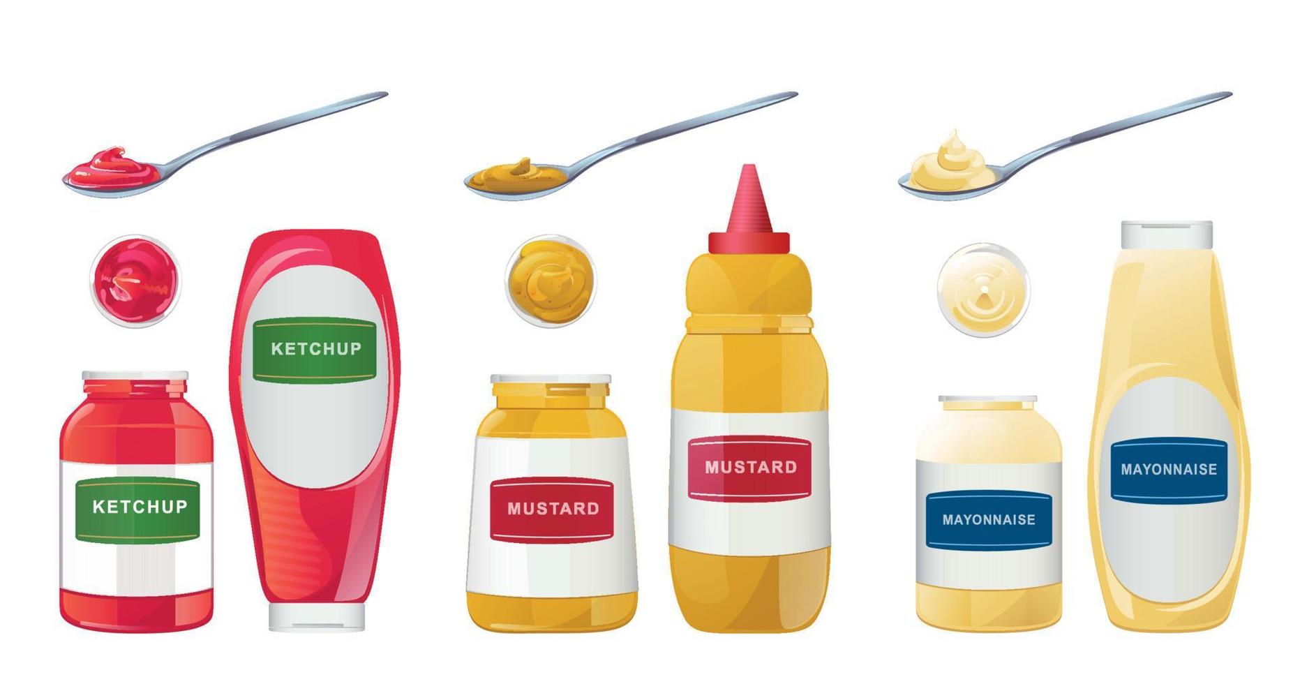 ketchup, mayonnaise, senfsaucen set. realistische vektorillustration lokalisiert auf weißem hintergrund. vektor