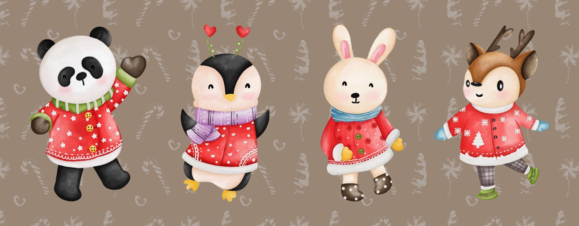 söt panda, pingvin, kanin, kanin, rådjur i santa kostym, vattenfärg jul djur- illustration vektor