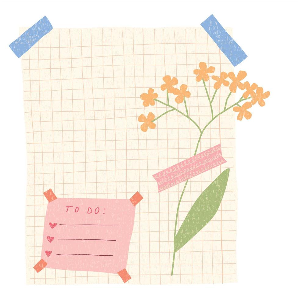 ark av anteckningsbok med blomma och washi tejp. till do lista, företag arrangör sida, papper ark. tidning och planerare design vektor illustration.