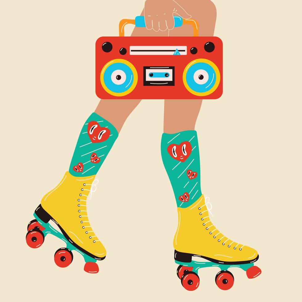 Vektor-Vintage-Skating-Poster Mädchen mit Rollschuhen und einer Boombox. hand gezeichnete rollschuhe skizzenillustration. 80er, 90er Partydekoration. vektor