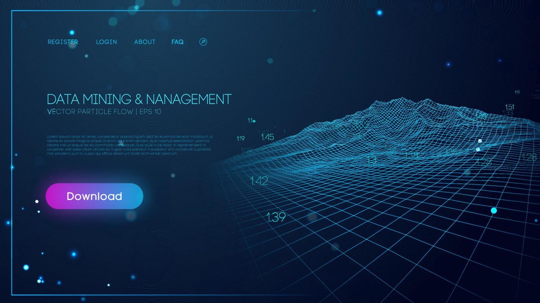 Data-Mining und -Management. abstrakter digitaler technologiehintergrund der drahtgitterlandschaft. digitale informationsnetzverbindung. Vektorillustration Folge 10. vektor