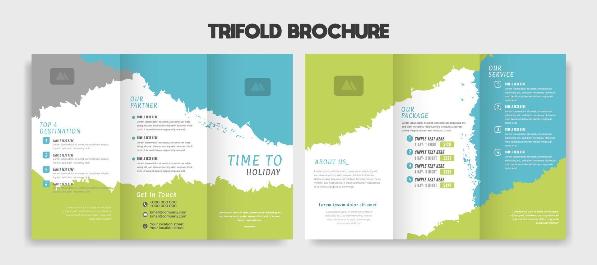 redigerbar modern trifold resa broschyr mall med blå och grön vektor