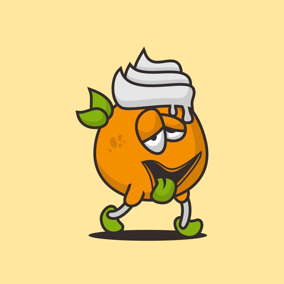 Orangefarbenes Cartoon-Maskottchen, das mit Sahne auf dem Kopf läuft, flacher Design-Stil vektor