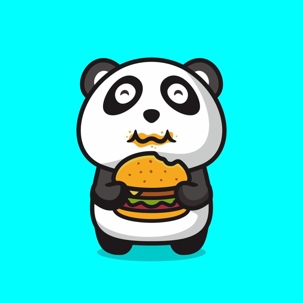 söt fett panda äter hamburgare, platt design stil vektor