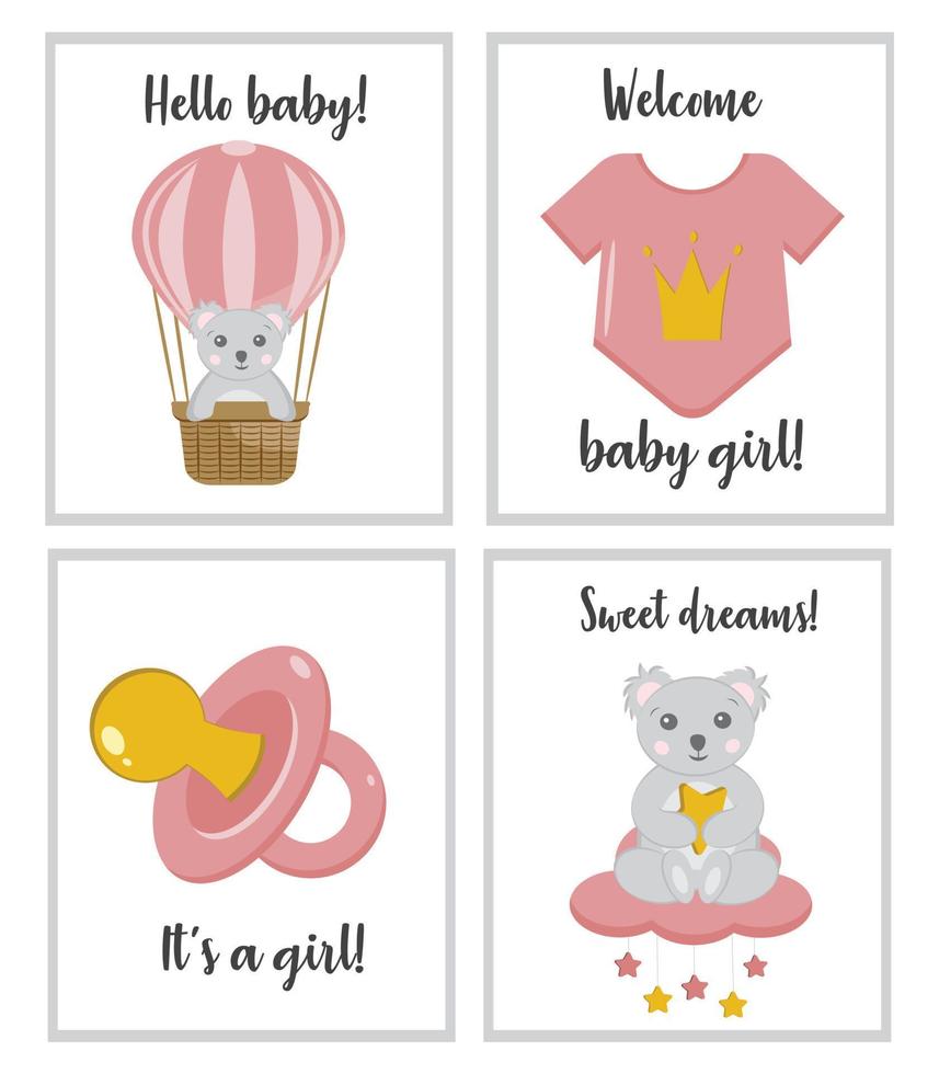 söta affischer med liten koala, babybody, nappdocka. vektor utskrifter för baby rum, baby shower, gratulationskort. söt plantskola illustration. uppsättning födelsedagskort mallar. det är en flicka.